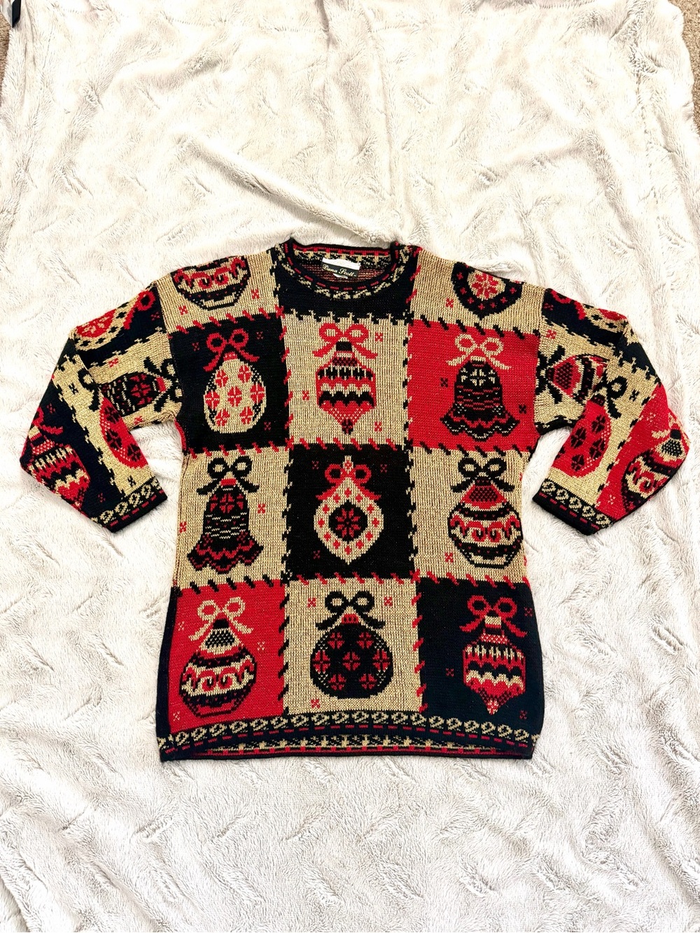 Vtg Dana Scott Ugly Christmas Sweater Large Lurex Shinmer Patchwork Made in USA